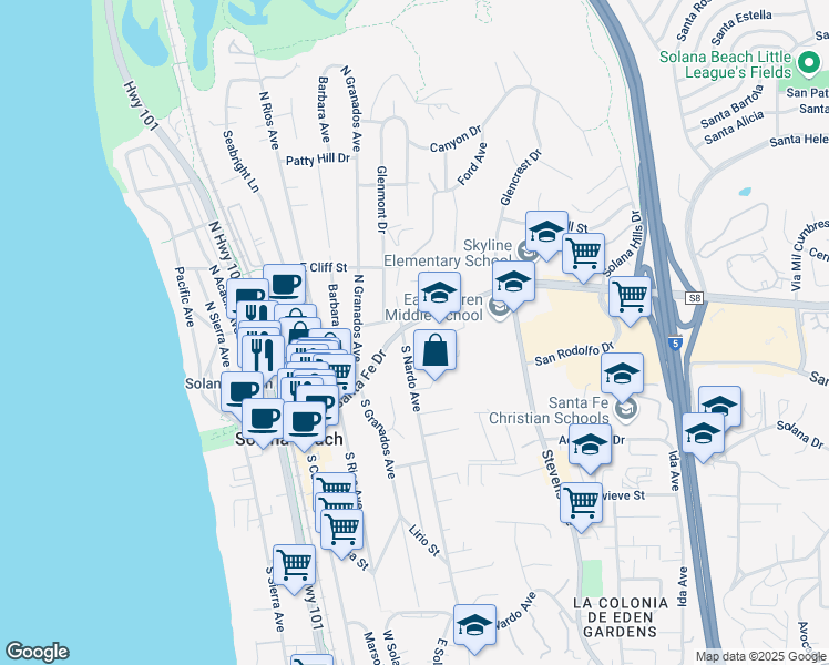 map of restaurants, bars, coffee shops, grocery stores, and more near 115 South Nardo Avenue in Solana Beach
