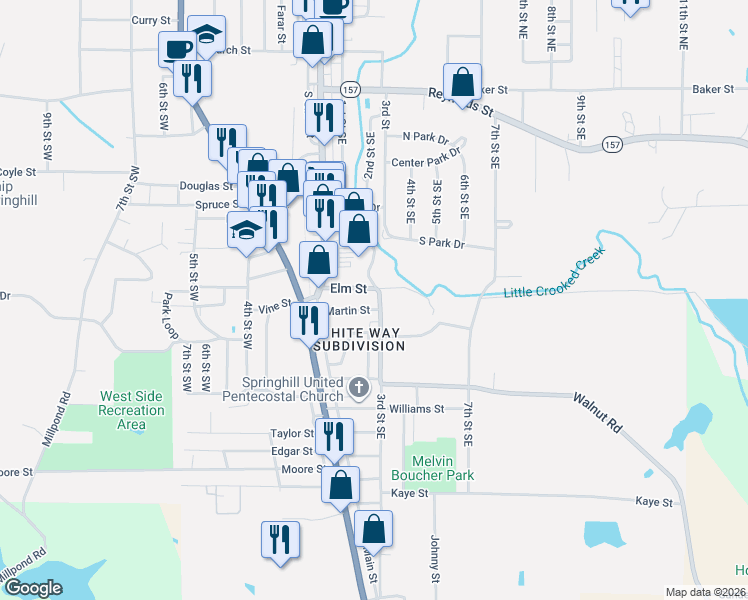 map of restaurants, bars, coffee shops, grocery stores, and more near 410 3rd Street Southeast in Springhill