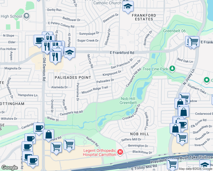map of restaurants, bars, coffee shops, grocery stores, and more near 1615 Piedmont Place in Carrollton