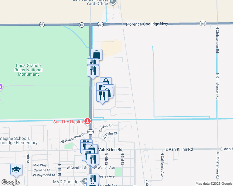 map of restaurants, bars, coffee shops, grocery stores, and more near 334 West Sonoran Vista Court in Coolidge
