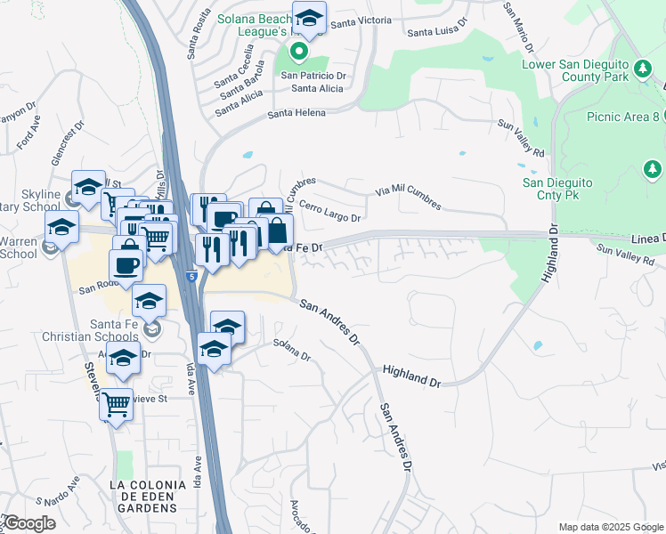 map of restaurants, bars, coffee shops, grocery stores, and more near 127 Ebano Court in Solana Beach