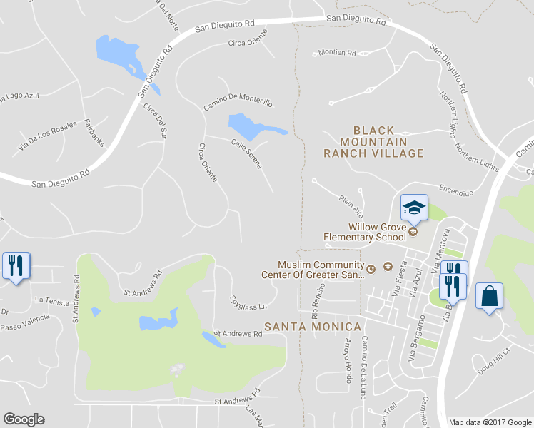 map of restaurants, bars, coffee shops, grocery stores, and more near 17373 Calle Serena in Rancho Santa Fe