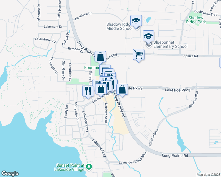 map of restaurants, bars, coffee shops, grocery stores, and more near 2400 Lakeside Parkway in Flower Mound