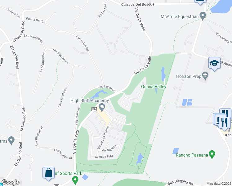 map of restaurants, bars, coffee shops, grocery stores, and more near 5758 Las Palomas in Rancho Santa Fe