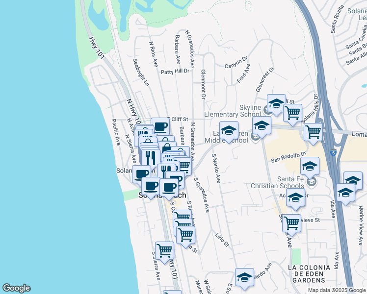 map of restaurants, bars, coffee shops, grocery stores, and more near 209 North Rios Avenue in Solana Beach