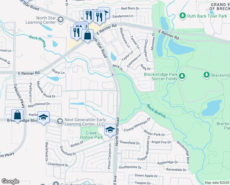 map of restaurants, bars, coffee shops, grocery stores, and more near 3249 North Star Road in Richardson