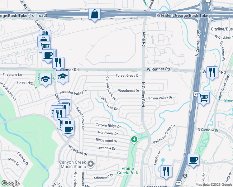 map of restaurants, bars, coffee shops, grocery stores, and more near 325 Canyon Valley Drive in Richardson