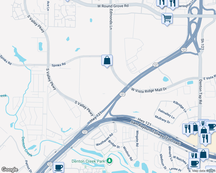 map of restaurants, bars, coffee shops, grocery stores, and more near 2730 South Edmonds Lane in Lewisville