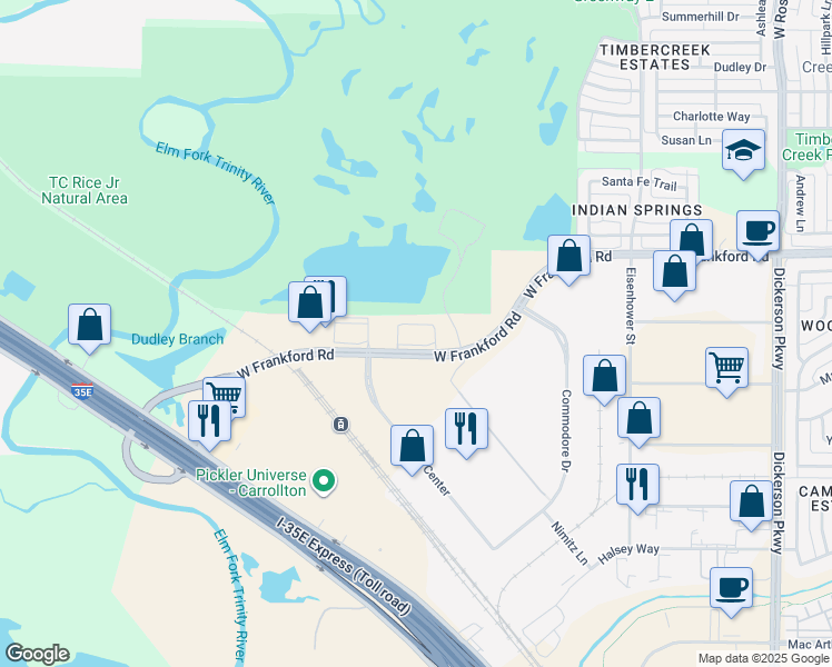 map of restaurants, bars, coffee shops, grocery stores, and more near 1652 West Frankford Road in Carrollton