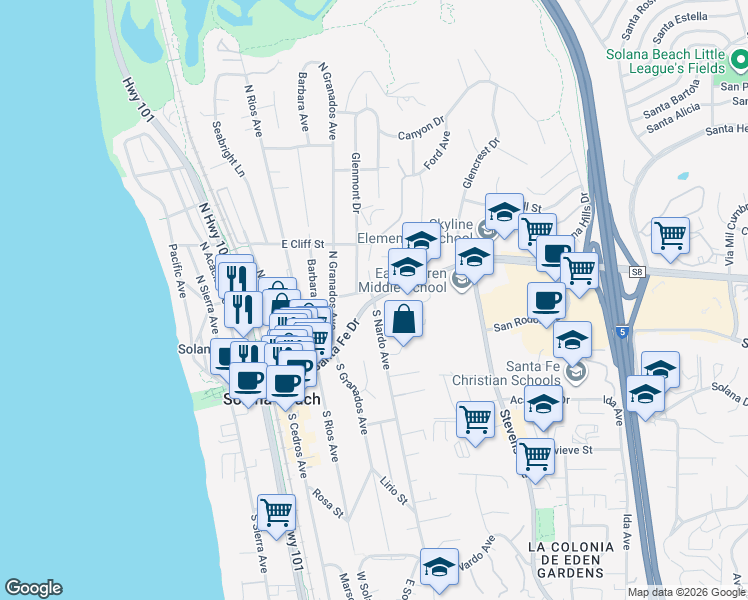map of restaurants, bars, coffee shops, grocery stores, and more near Lomas Santa Fe Drive & South Nardo Avenue in Solana Beach