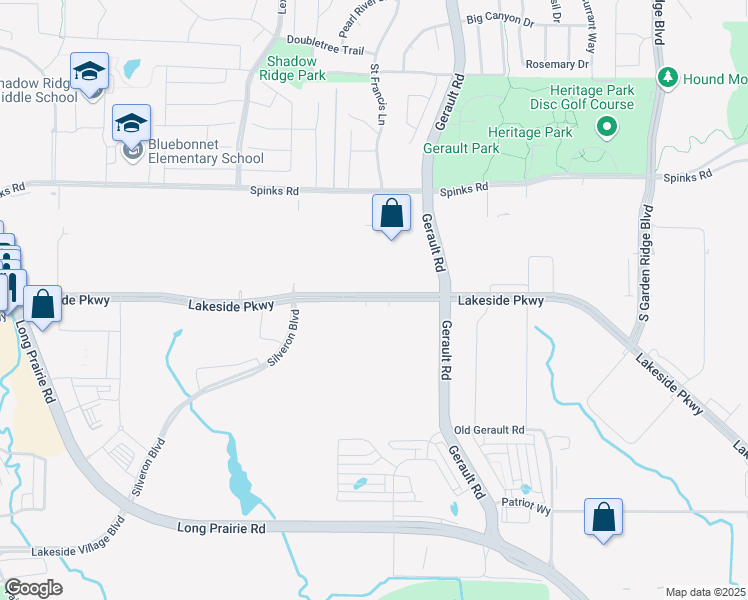 map of restaurants, bars, coffee shops, grocery stores, and more near Lakeside Parkway in Flower Mound