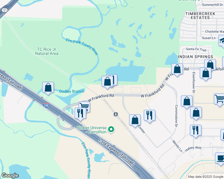 map of restaurants, bars, coffee shops, grocery stores, and more near 1712 West Frankford Road in Carrollton