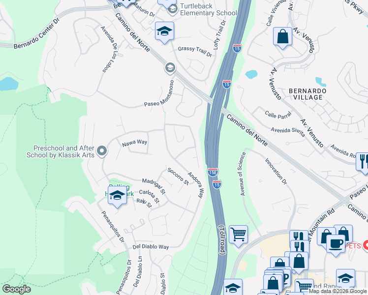 map of restaurants, bars, coffee shops, grocery stores, and more near 15457 Paseo Ajanta in San Diego