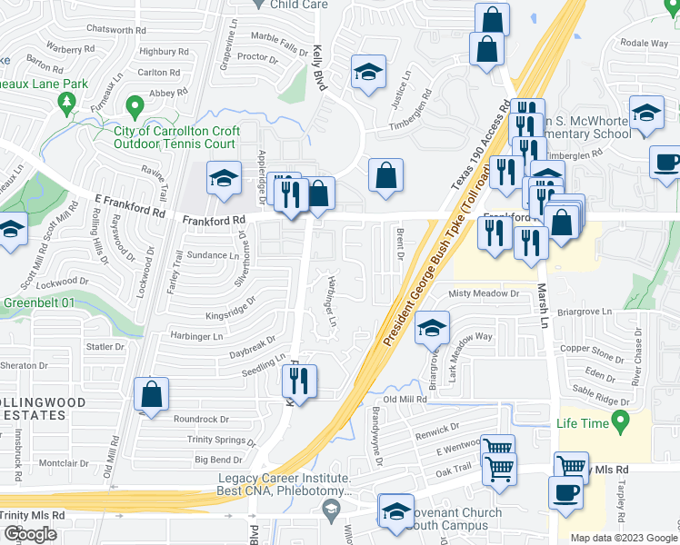 map of restaurants, bars, coffee shops, grocery stores, and more near 17910 Kelly Boulevard in Dallas