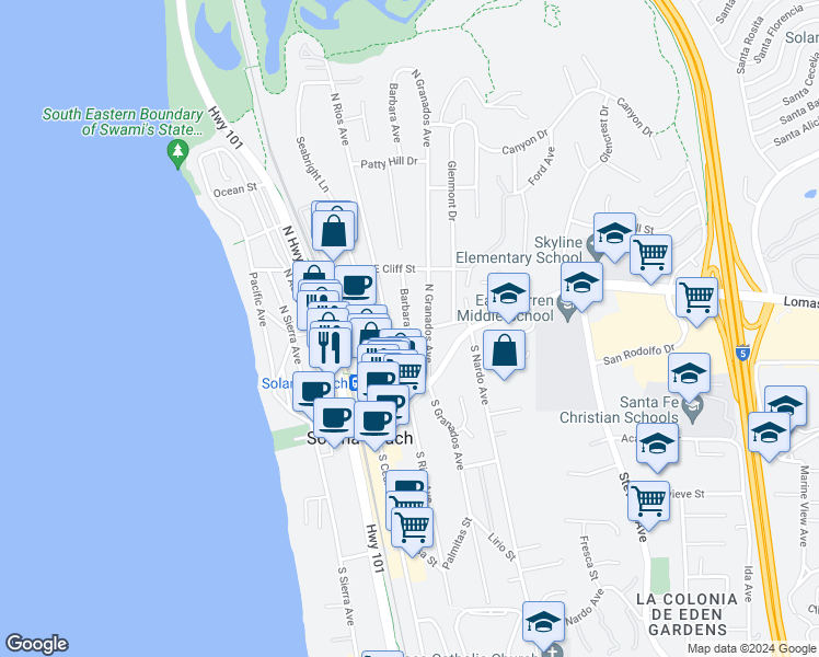 map of restaurants, bars, coffee shops, grocery stores, and more near 250 Barbara Avenue in Solana Beach