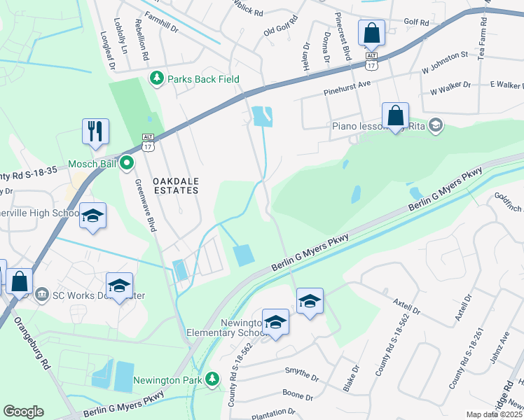 map of restaurants, bars, coffee shops, grocery stores, and more near 250 Luden Drive in Summerville