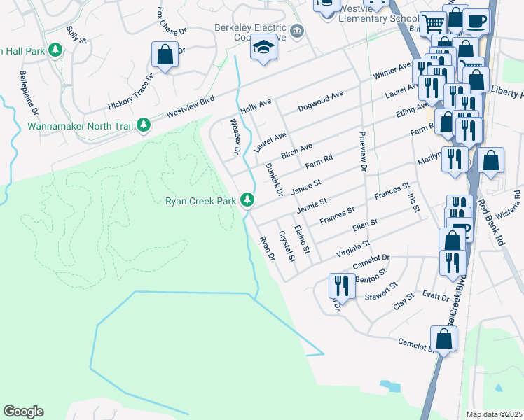 map of restaurants, bars, coffee shops, grocery stores, and more near 317 Janice Street in Goose Creek