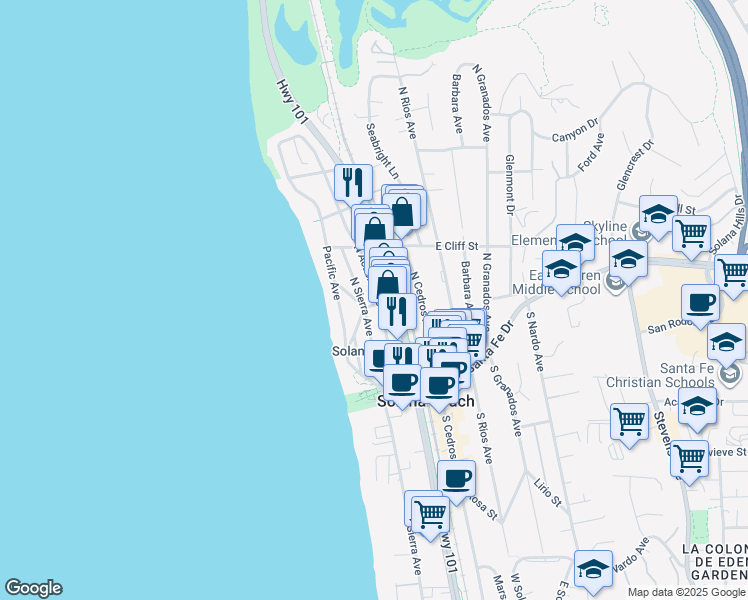 map of restaurants, bars, coffee shops, grocery stores, and more near 325 North Highway 101 in Solana Beach