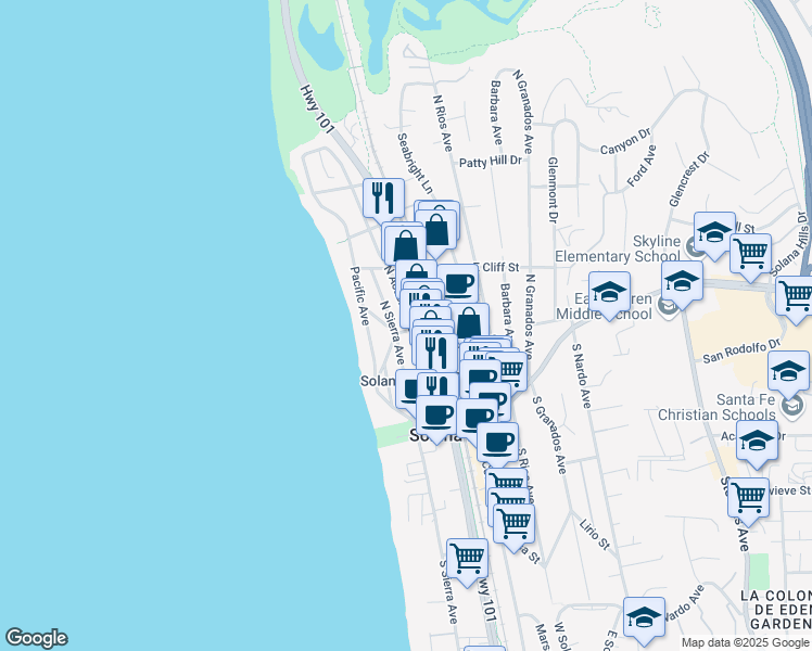 map of restaurants, bars, coffee shops, grocery stores, and more near 210 Estrella Street in Solana Beach