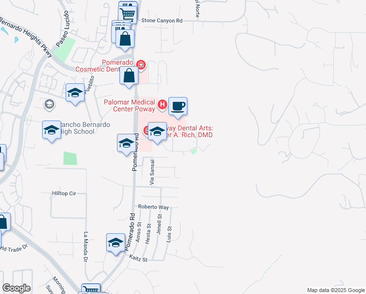 map of restaurants, bars, coffee shops, grocery stores, and more near 12696 Monte Vista Road in Poway