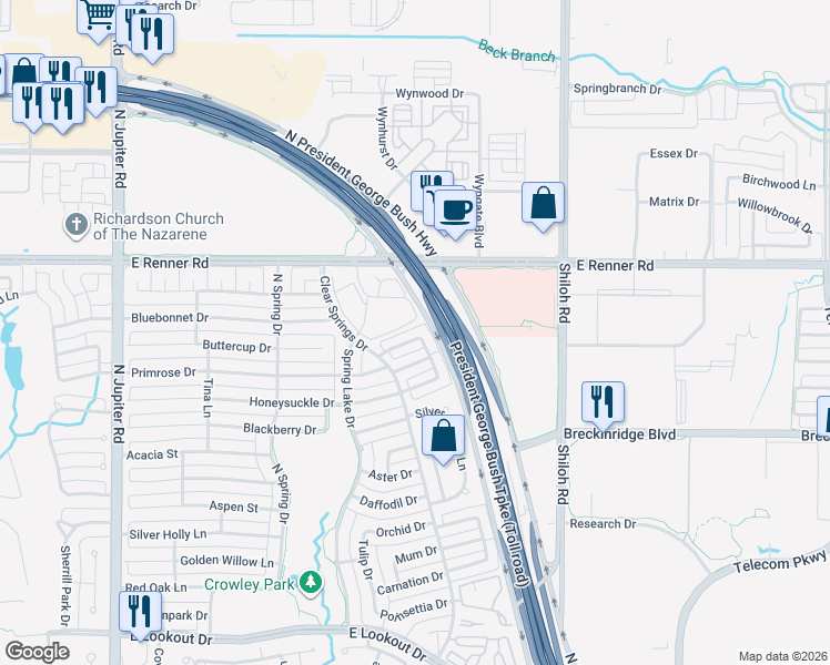 map of restaurants, bars, coffee shops, grocery stores, and more near 2600 East Renner Road in Richardson