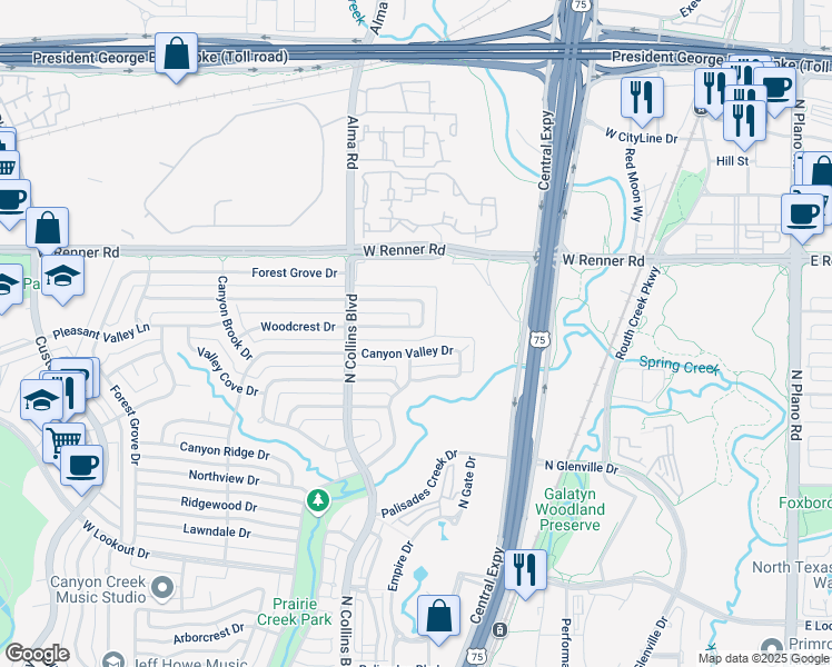 map of restaurants, bars, coffee shops, grocery stores, and more near 213 High Brook Drive in Richardson