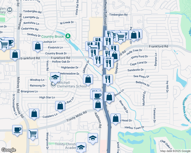map of restaurants, bars, coffee shops, grocery stores, and more near 18023 Rock Branch Drive in Dallas
