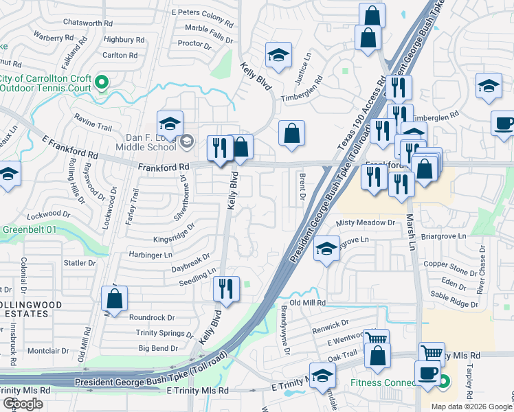 map of restaurants, bars, coffee shops, grocery stores, and more near 17910 Kelly Boulevard in Dallas