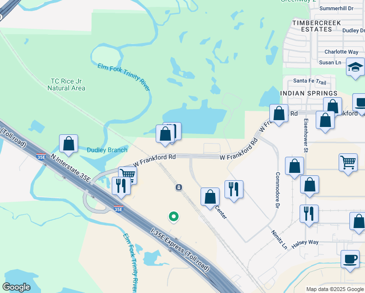 map of restaurants, bars, coffee shops, grocery stores, and more near 1670 West Frankford Road in Carrollton