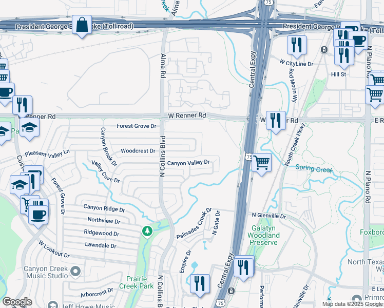 map of restaurants, bars, coffee shops, grocery stores, and more near 213 High Brook Drive in Richardson