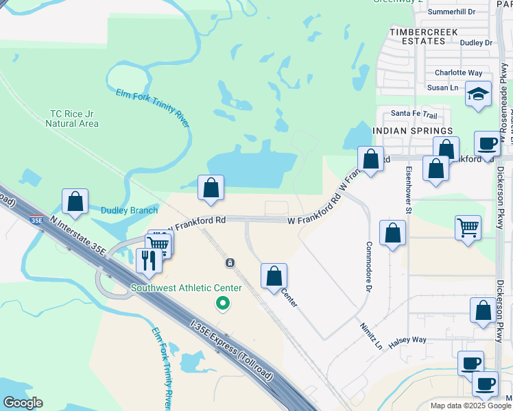 map of restaurants, bars, coffee shops, grocery stores, and more near 1670 West Frankford Road in Carrollton