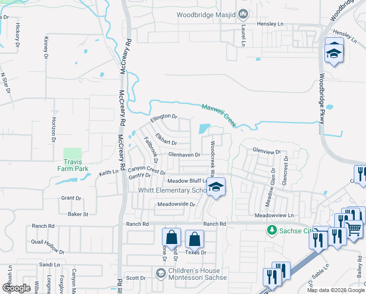 map of restaurants, bars, coffee shops, grocery stores, and more near 3411 Elkhart Drive in Sachse