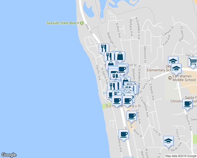 map of restaurants, bars, coffee shops, grocery stores, and more near 309 Pacific Avenue in Solana Beach