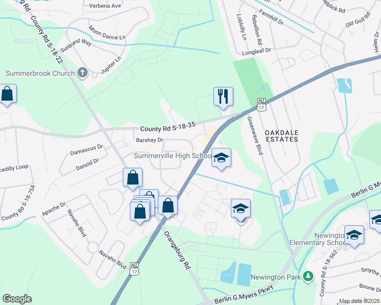 map of restaurants, bars, coffee shops, grocery stores, and more near 106 Barshay Drive in Summerville