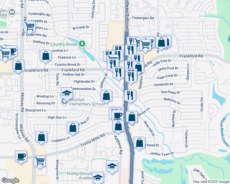 map of restaurants, bars, coffee shops, grocery stores, and more near 18023 Rock Branch Drive in Dallas