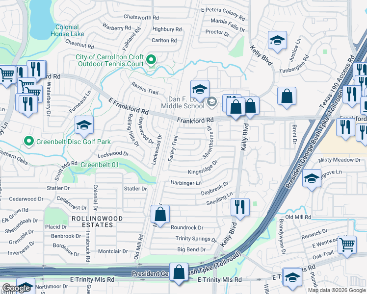 map of restaurants, bars, coffee shops, grocery stores, and more near 2527 Sundance Lane in Dallas