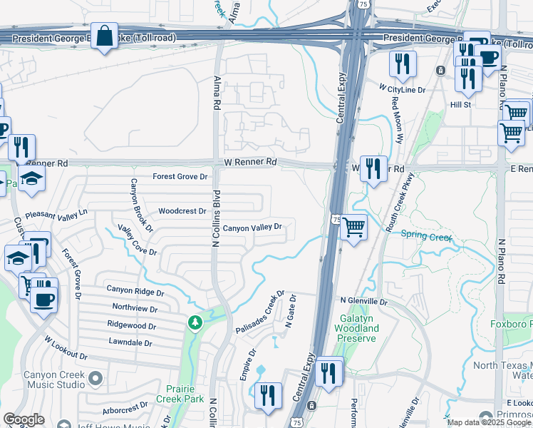 map of restaurants, bars, coffee shops, grocery stores, and more near 213 High Brook Drive in Richardson
