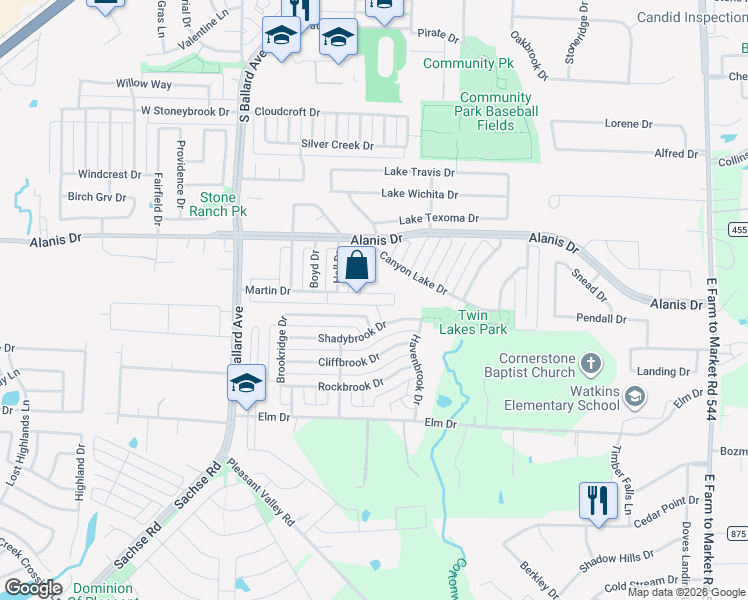 map of restaurants, bars, coffee shops, grocery stores, and more near 221 Martin Drive in Wylie