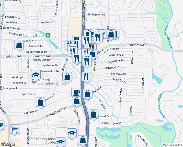 map of restaurants, bars, coffee shops, grocery stores, and more near 18010 Dallas Pkwy in Dallas