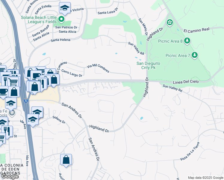 map of restaurants, bars, coffee shops, grocery stores, and more near 135 Saltillo Court in Solana Beach