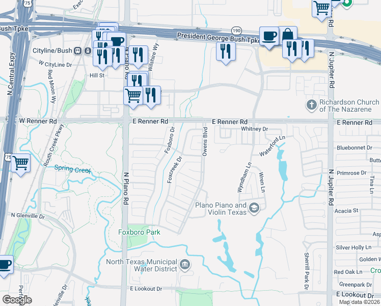 map of restaurants, bars, coffee shops, grocery stores, and more near 3206 Foxcreek Drive in Richardson