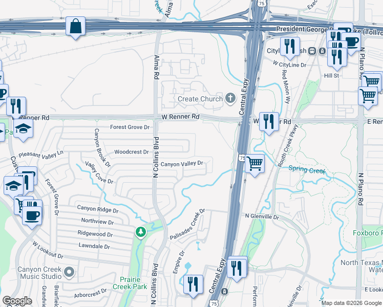 map of restaurants, bars, coffee shops, grocery stores, and more near 213 High Brook Drive in Richardson