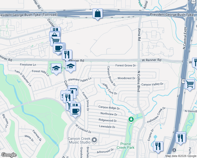 map of restaurants, bars, coffee shops, grocery stores, and more near 409 High Brook Drive in Richardson