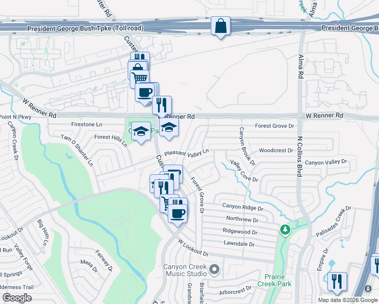map of restaurants, bars, coffee shops, grocery stores, and more near 2804 Forest Grove Drive in Richardson