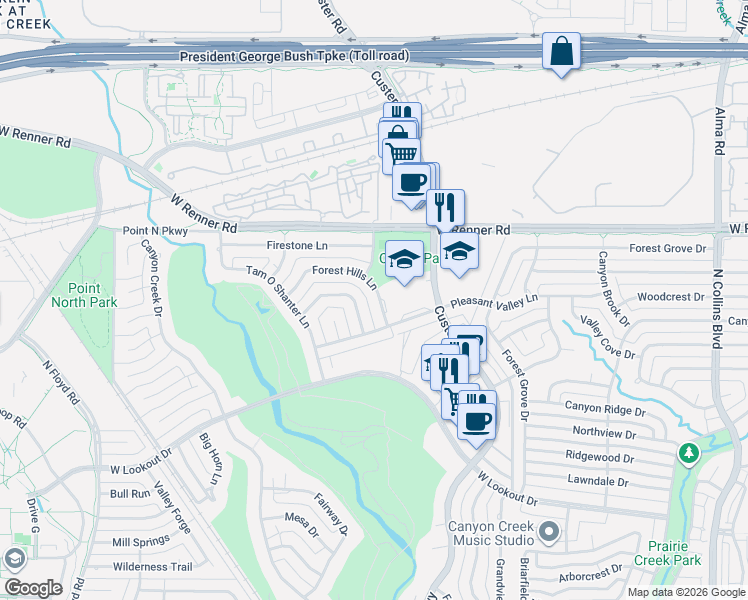 map of restaurants, bars, coffee shops, grocery stores, and more near 2915 Forest Hills Lane in Richardson