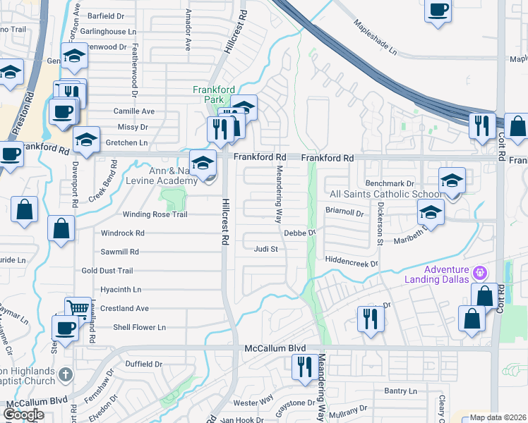 map of restaurants, bars, coffee shops, grocery stores, and more near 7035 Bremerton Drive in Dallas