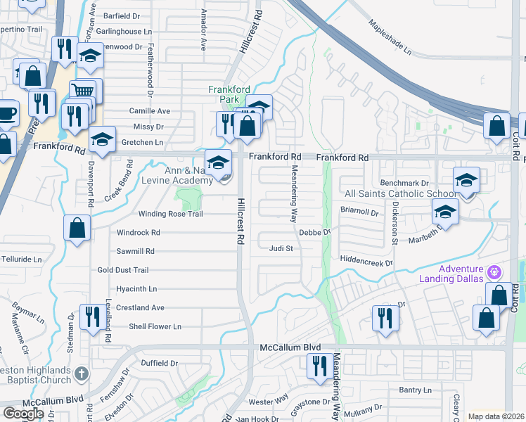 map of restaurants, bars, coffee shops, grocery stores, and more near 7020 Bremerton Drive in Dallas