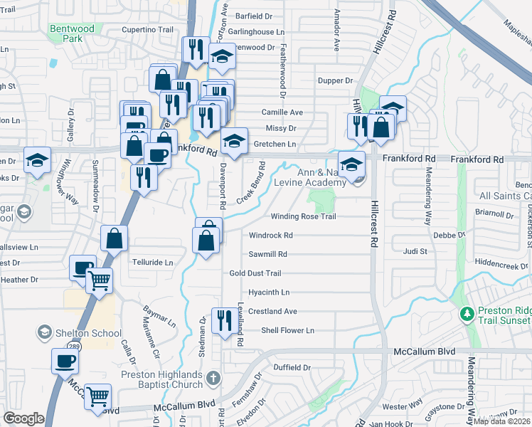 map of restaurants, bars, coffee shops, grocery stores, and more near 7110 Winding Creek Road in Dallas