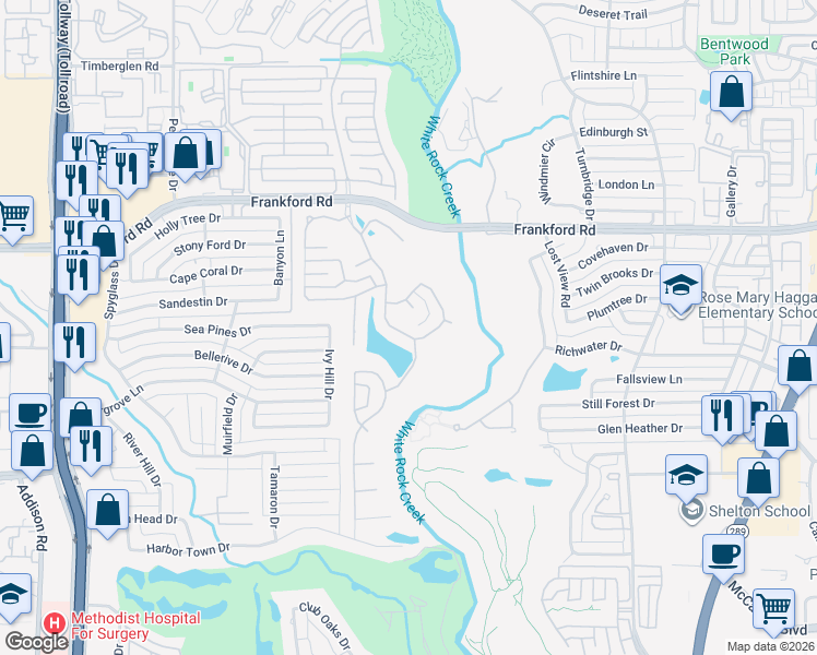 map of restaurants, bars, coffee shops, grocery stores, and more near 4703 Hollow Crest Court in Dallas