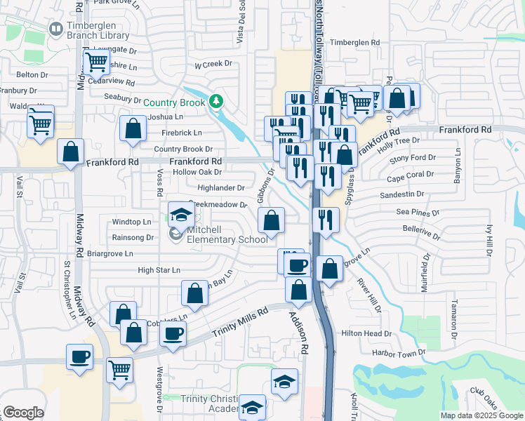 map of restaurants, bars, coffee shops, grocery stores, and more near 17936 Castle Bend Drive in Dallas